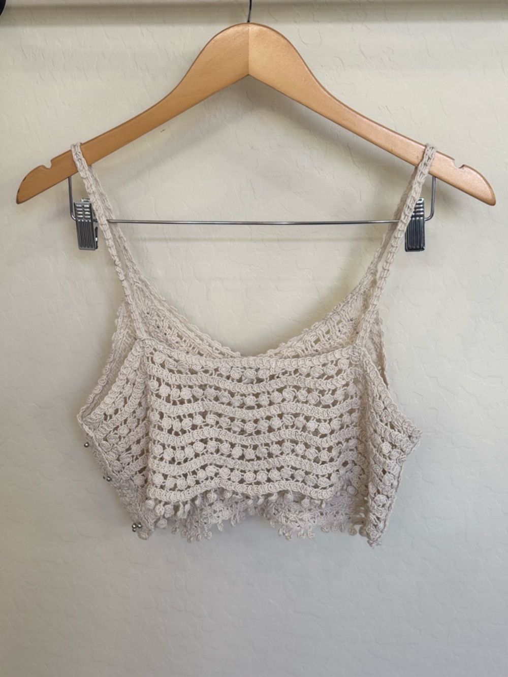 Rebellion Again Cream Crochet Beaded Crop Top Boho Cottagecore Medium - Picture 5 of 8